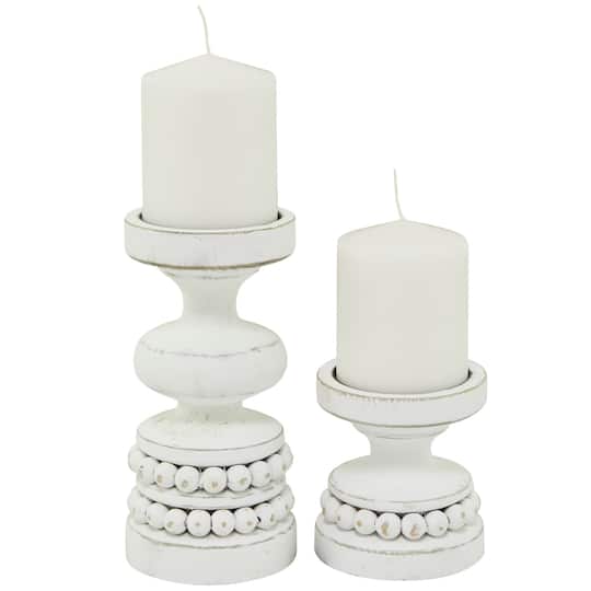 White Wood Beaded Pillar Candle Holder Set